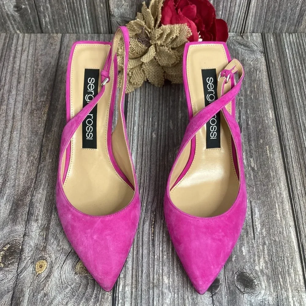 Sergio Rossi Scarpe Donna Pink Suede Slingback Pumps 39M - Picture 2 of 8